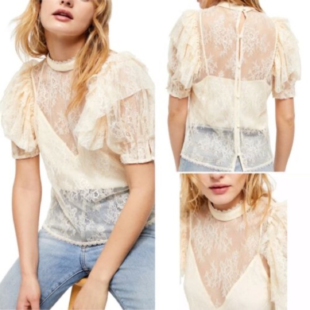 NWT Free People Secret Admirer Lace Blouse in Eggnog sz XS